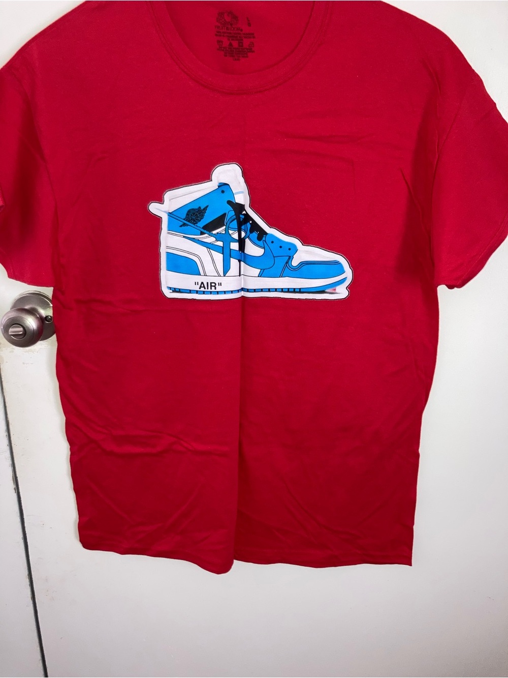 Red Short Sleeve Graphic Tee with Blue Sneaker Print